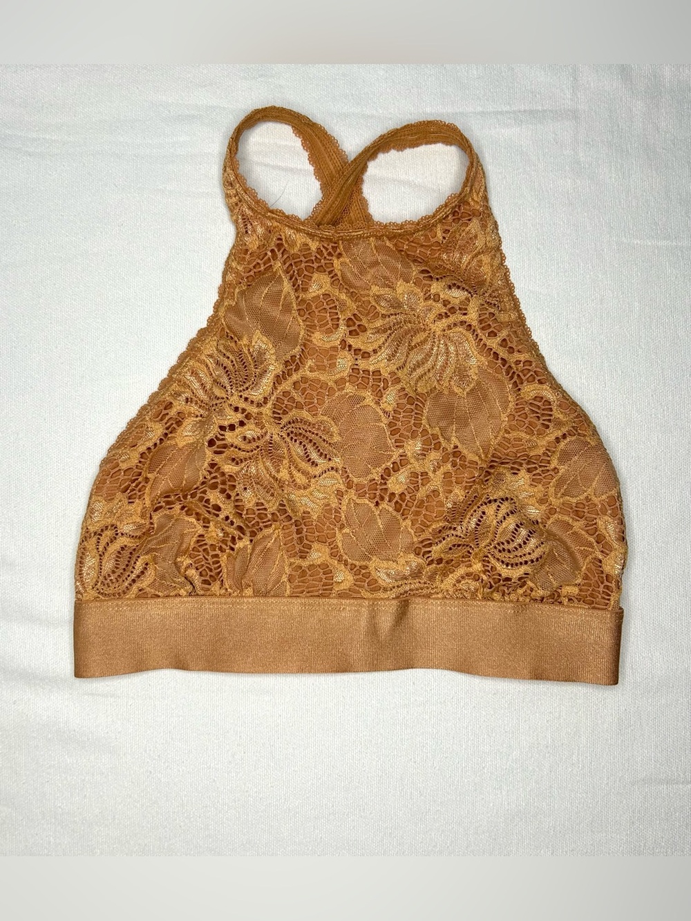 Out From Under Bralette Womens‎ M Beige Gold Lace High Neck Racerback Wireless